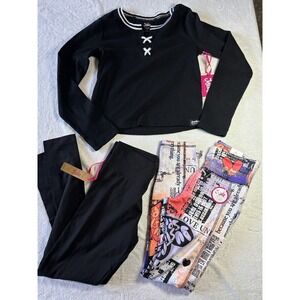 Justice Girls Lot of 3 Black Lace Up Top 2 Leggings Size L 12/14 NWT Casual